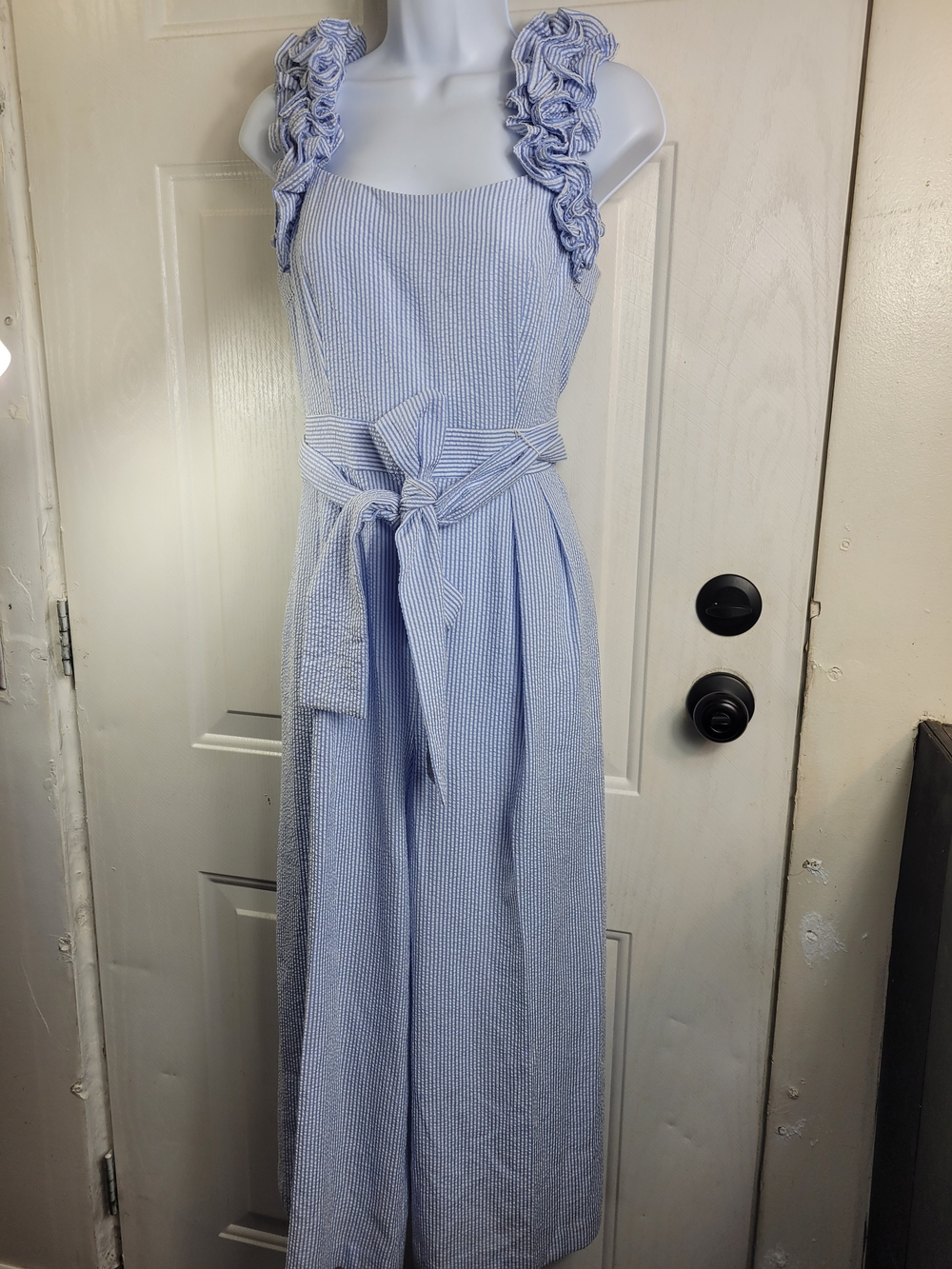 Eliza J Light Blue Ruffle-Strap Seersucker Jumpsuit with Waist Tie - Picture 2 of 15